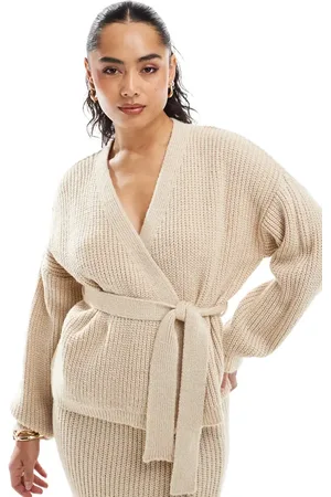 Miss Selfridge Og longline slå-om-cardigan med bælte i strik-Neutral