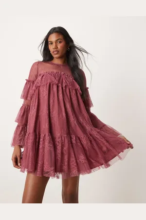 ASOS Bærrød smock-minikjole med flæseærmer i blondestof
