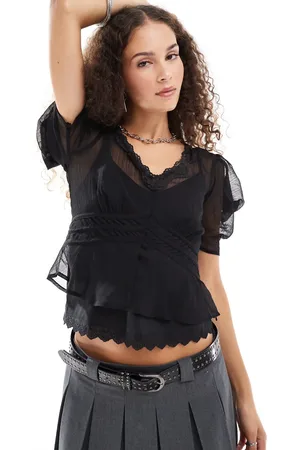 Reclaimed Tea-bluse med blondedetaljer-Multifarvet