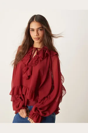 ASOS Lagdelt bluse med flæser og lange ærmer-Rød