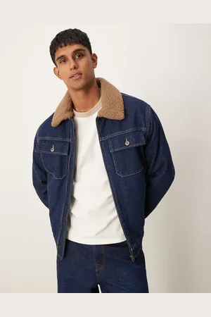 MANGO Mørk denimjakke med skjorte detalje og lynlås samt krave i imiteret lammeskind-Blå