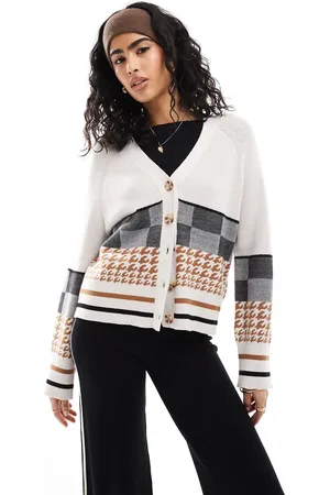 Object Havrefarvet strikket cardigan med abstrakt intarsia-mønster i firkantet pasform-Hvid