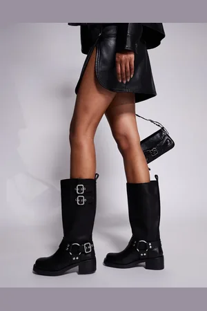 Steve Madden Eastern - Sorte knæhøje bikerstøvler med chunky metaldetaljer