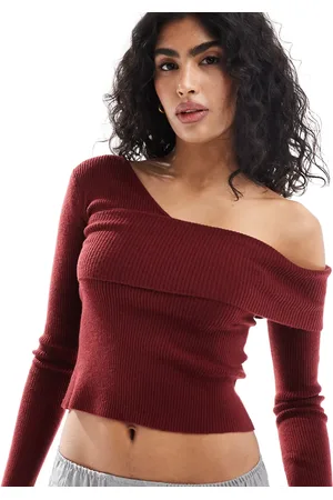 Miss Selfridge Bordeauxrød, strikket, asymmetrisk og langærmet top