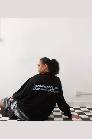 Dr Denim T-shirt med lange ærmer og grafisk, blåt print i afslappet pasform