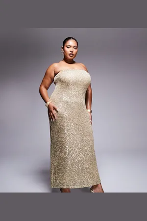 ASOS ASOS DESIGN Curve - Guldfarvet bandeau-midikjole med pailletter