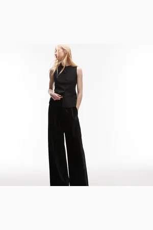 Topshop Sorte bukser med vide ben og smal linning i nervøs velour