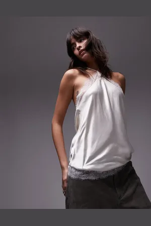 Topshop Hvid top med halterneck og blondekant i satin