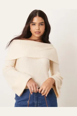 Miss Selfridge Cremehvid bardot-striktrøje med bred kant-Neutral