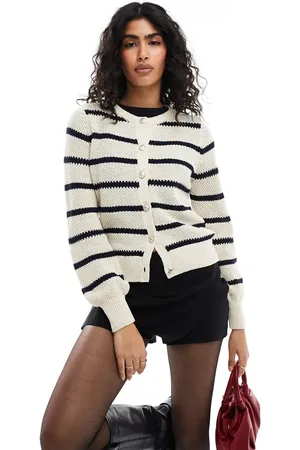 VERO MODA Cremehvid cardigan med striber i strikket bomuld