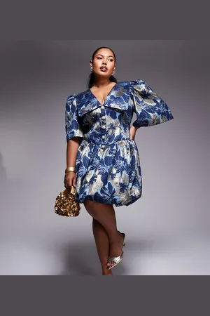 ASOS Curve - og guldfarvet minikjole med krave, pufærmer, udsmykkede knapper og jacquardvævet blomstermønster