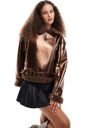 Amy Lynn Kaffebrun aviator-jakke i metallisk stil