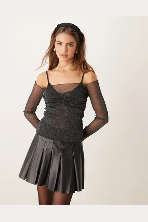 Gina Tricot Metalfarvet sort offshoulder-top med glimmer og gennemsigtige paneler i mesh