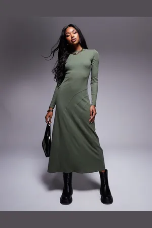 ASOS Olivengrøn midikjole med dyb, rund hals, lange ærmer og sømdetaljer