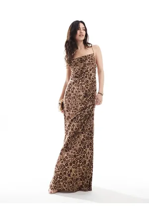 Object Maxikjole med lav ryg med krydsende stropper og tonet leopardprint i satin-Brun