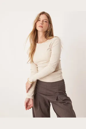 Gina Tricot Top med rund hals og lange ærmer i ribstrikket jersey-Neutral