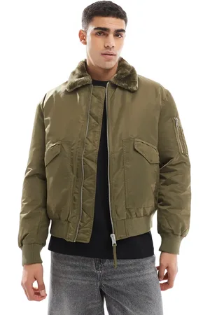 River Island Kakigrøn bomber-jakke med krave i imiteret pels