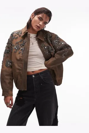 Topshop Premium - bomber-jakke i ægte læder med udsmykninger