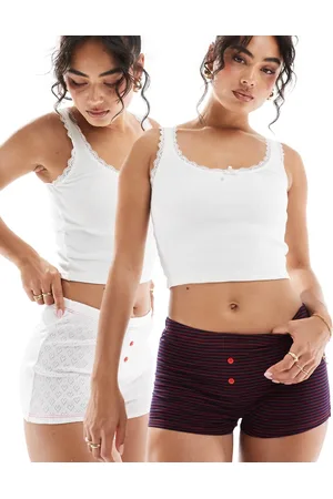 ASOS Bobbie - Pakke med 2 par pointelle-strikkede boksershorts i marineblå striber/hvidt hjertedesign-Multifarvet