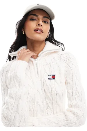 Tommy Hilfiger Råhvid kabelstrikket trøje med 1/4 lynlås
