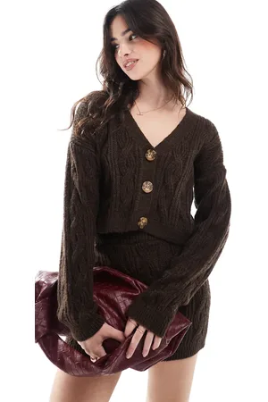 Miss Selfridge Chokoladebrun kabelstrikket cardigan med V-hals i afslappet pasform - Del af sæt