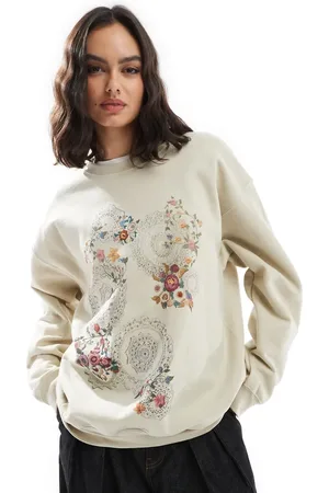 Miss Selfridge Oversized og sandfarvet sweatshirt med tapet-blomstermønster-Neutral