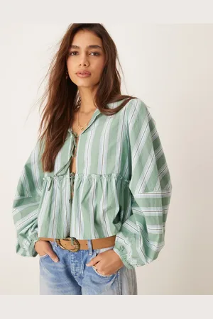 Free People Bluse med grønne striber og bindefront