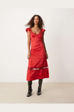 Free People Rød midikjole i satin med sløjfeprint