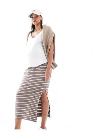 Mama;licious Mamalicious Maternity - Maxinederdel i jersey med taljekant over maven og gråbrune striber-Neutral