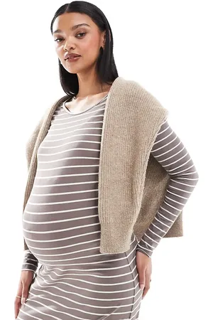 Mama;licious Mamalicious Maternity - Taupe og langærmet maxikjole med striber i jersey-Neutral