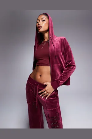Juicy Couture Bordeauxrød hættetrøje med lynlås og rhinsten i velour - Del af sæt