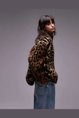 Topshop Langhåret jacquardvævet fleecetrøje med leopardmønster