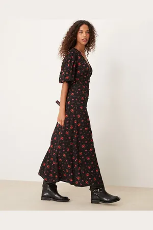 Miss Selfridge Sort maxikjole med blondekant og knapper i roseprint-Multifarvet