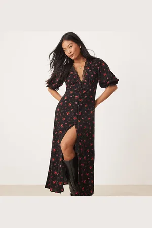 Miss Selfridge Sort maxikjole med blondekant og knapper i roseprint-Multifarvet