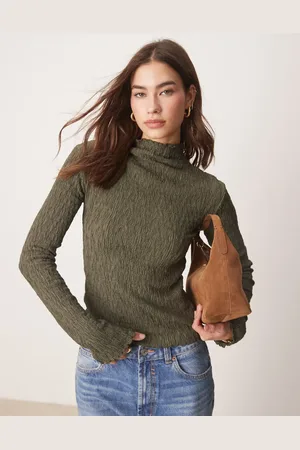 Gina Tricot Kakigrøn og langærmet top med tekstur og ståkrave