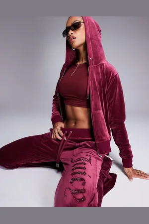 Juicy Couture Bordeauxrøde og lavtaljede joggingbukser med rhinsten i velour - Del af sæt