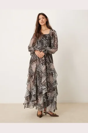 Miss Selfridge Maxikjole med flæsekant og dyreprint-Multifarvet