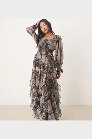 Miss Selfridge Maxikjole med flæsekant og dyreprint-Multifarvet
