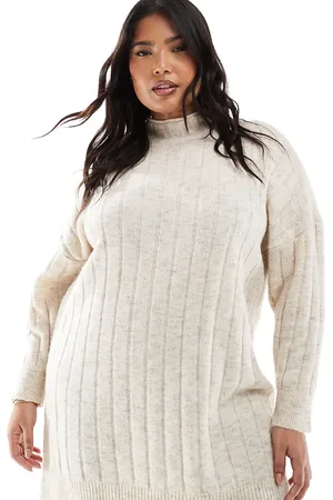 VERO MODA Oversized og ribstrikket minikjole i meleret cremehvid