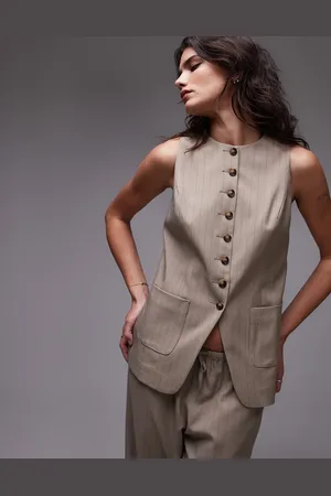 Topshop Gråbrun habitvest med høj hals, lomme og nålestriber-Neutral