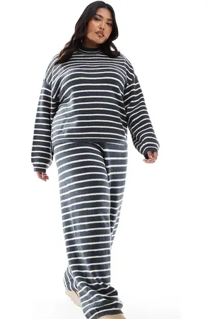 Pieces® PIECES Curve - Strikkede joggingbukser med brede ben og grå/blå striber - Del af sæt-Multifarvet