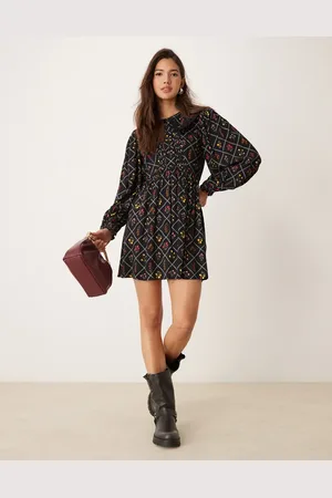 Miss Selfridge Langærmet minikjole med print og blonder