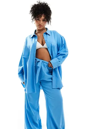ASOS ASOS DESIGN Curve - Mix og match - Isabel - Blå strandbukser med bindebånd i taljen i hørlook