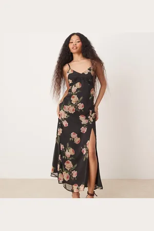 Miss Selfridge Slip-maxikjole med blondekant og oversized roseprint i chiffon-Multifarvet