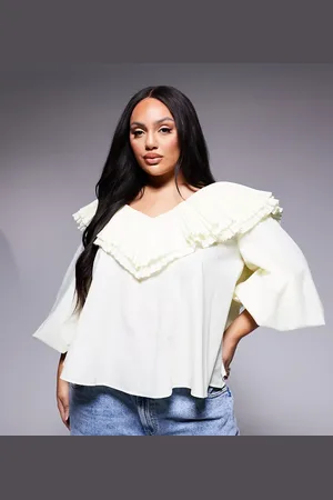 ASOS Curve - Plisseret, oversized og lysegul poplin-bluse i bomuld