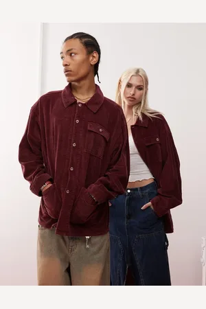 Reclaimed Unisex - Bordeauxrød skjortejakke i fløjl