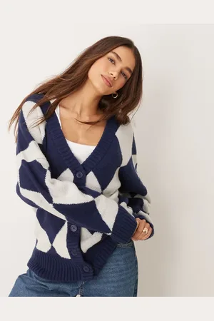 Neon Rose Marineblå longline-cardigan med argyle-tern