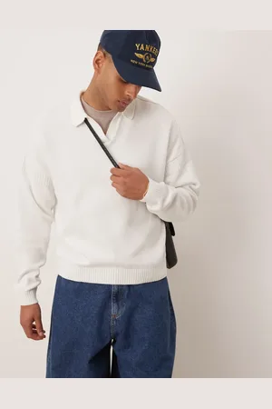 ASOS Offwhite trøje i afslappet firkantet pasform i strik med hak i kraven-Neutral