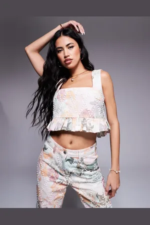 ASOS Peplumoverdel i denim udsmykket med perler og med print med blomstermønster - Del af sæt