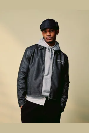ASOS Og forvasket harrington-jakke i imiteret læder med broderi